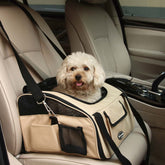 FREDOPETS Pet Car Bag for dogs, portable, beige color, designed for safe travel and comfort in a car.