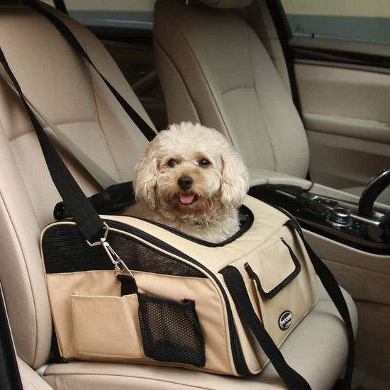 FREDOPETS Pet Car Bag for dogs, portable, beige color, designed for safe travel and comfort in a car.