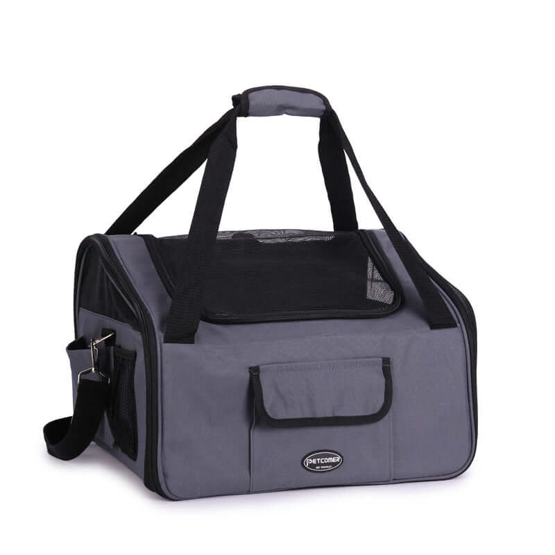 FREDOPETS pet car bag in dark gray, designed for portable travel with dogs and cats, featuring sturdy straps and mesh panels.